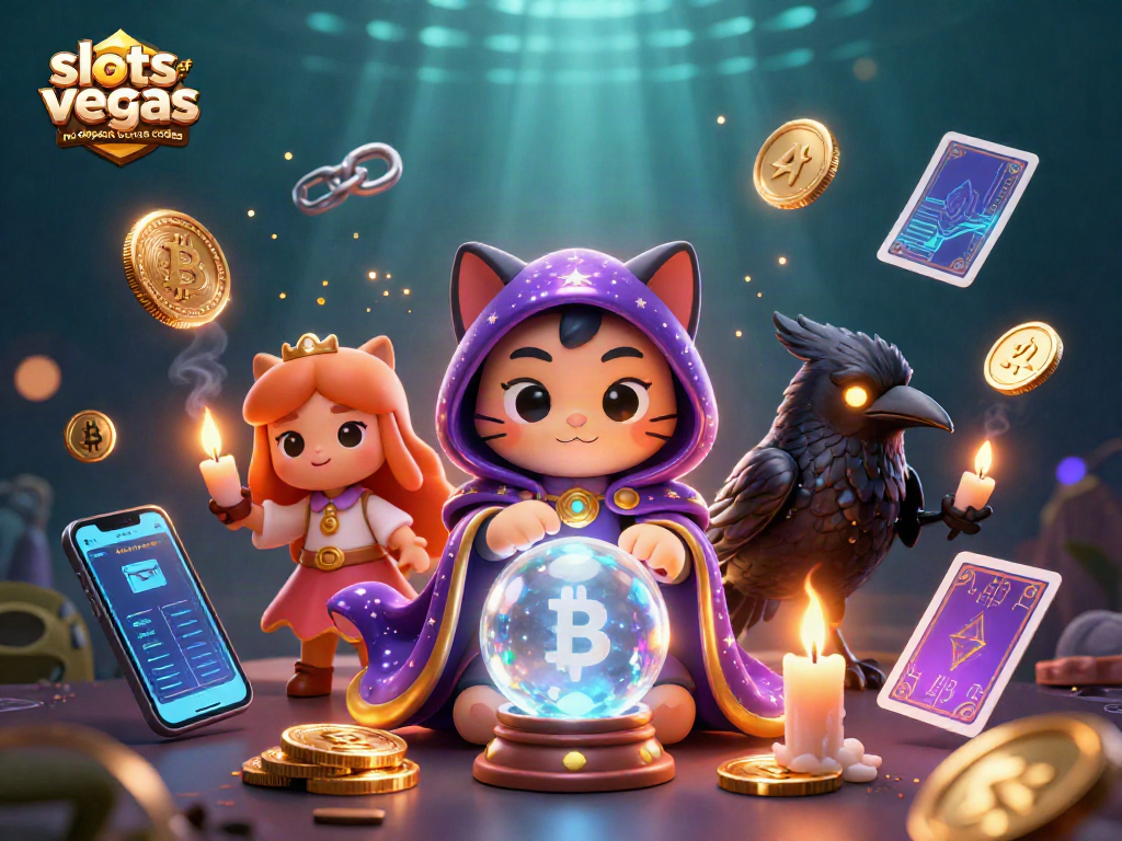 Experience exciting slots of vegas no deposit bonus codes with a vivid 3D casino illustration featuring a fortune teller cat and glowing crypto elements.