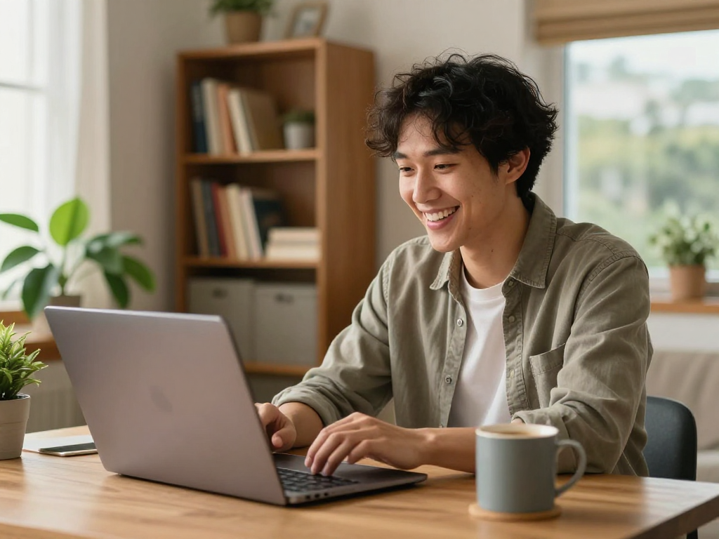 Engaging in a pink live chat from a cozy home office, enjoying real-time connection.