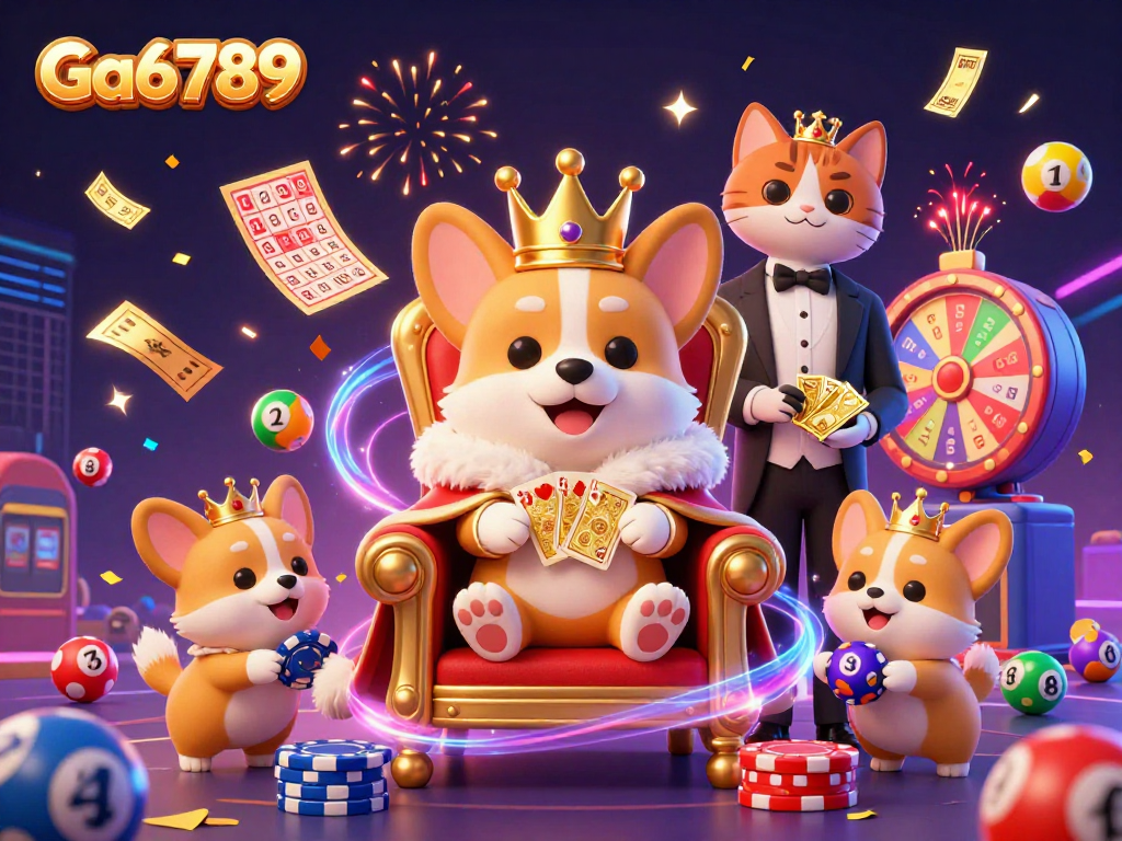Ga6789 engages players with a vibrant 3D casino scene featuring a royal corgi, winning elements, and festive effects.