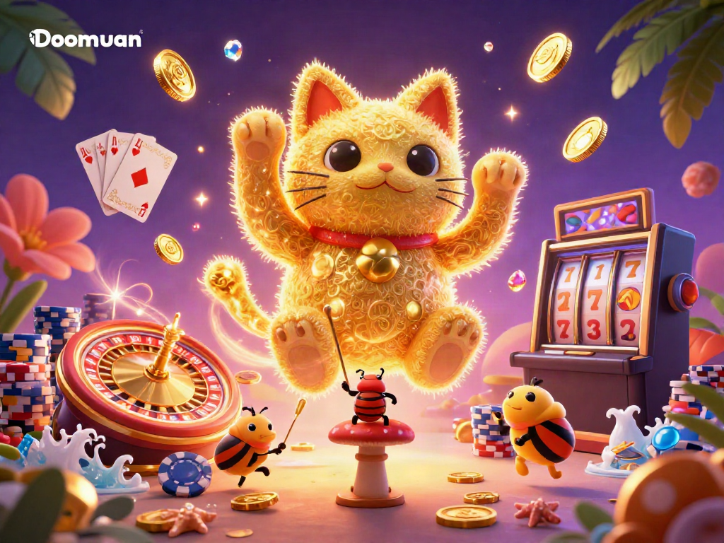 Experience thrilling gameplay with Doomuan, featuring a lucky cat and dazzling casino elements in a vibrant 3D illustration.
