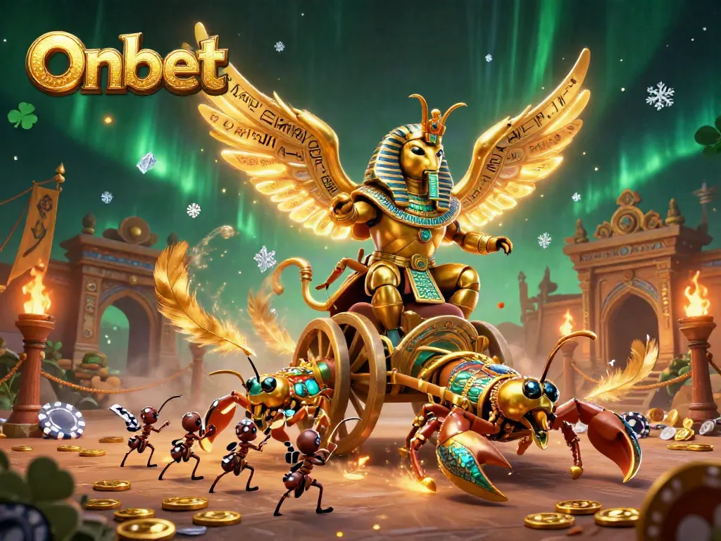 Engage with Onbet's epic gaming world featuring a golden scarab beetle leading a vibrant casino scene filled with excitement and glamour.
