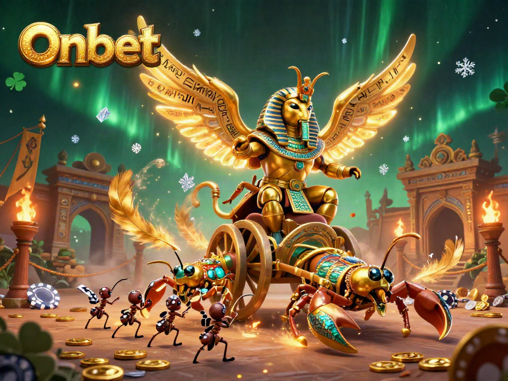 Engage with Onbet's epic gaming world featuring a golden scarab beetle leading a vibrant casino scene filled with excitement and glamour.
