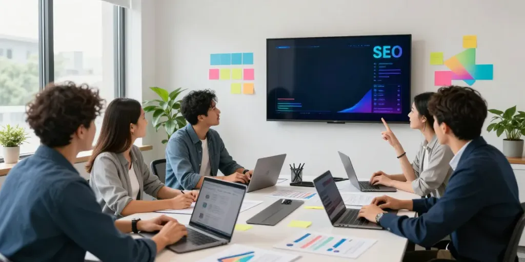 Group of reputable small business SEO experts discussing strategies in a modern office.