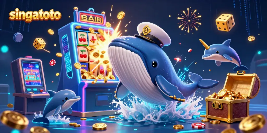 Experience thrilling gameplay at singatoto with a vibrant 3D casino scene of characters and slot machines.