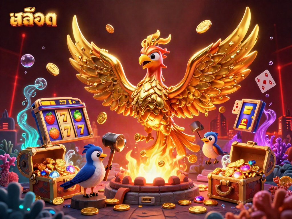 Engage with สล็อต in this vibrant casino-themed illustration featuring a molten golden phoenix, slot reels, and playful elements.