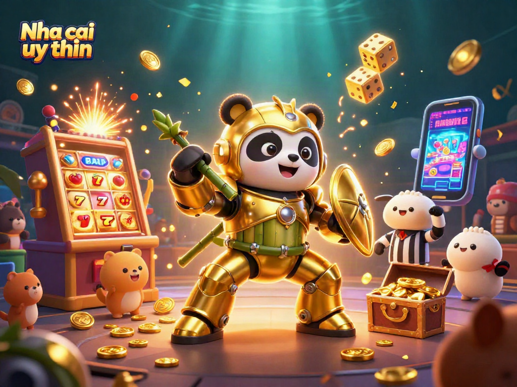 Nha cai uy tin showcases a thrilling 3D casino scene with a panda robot and flying slot machine symbols.