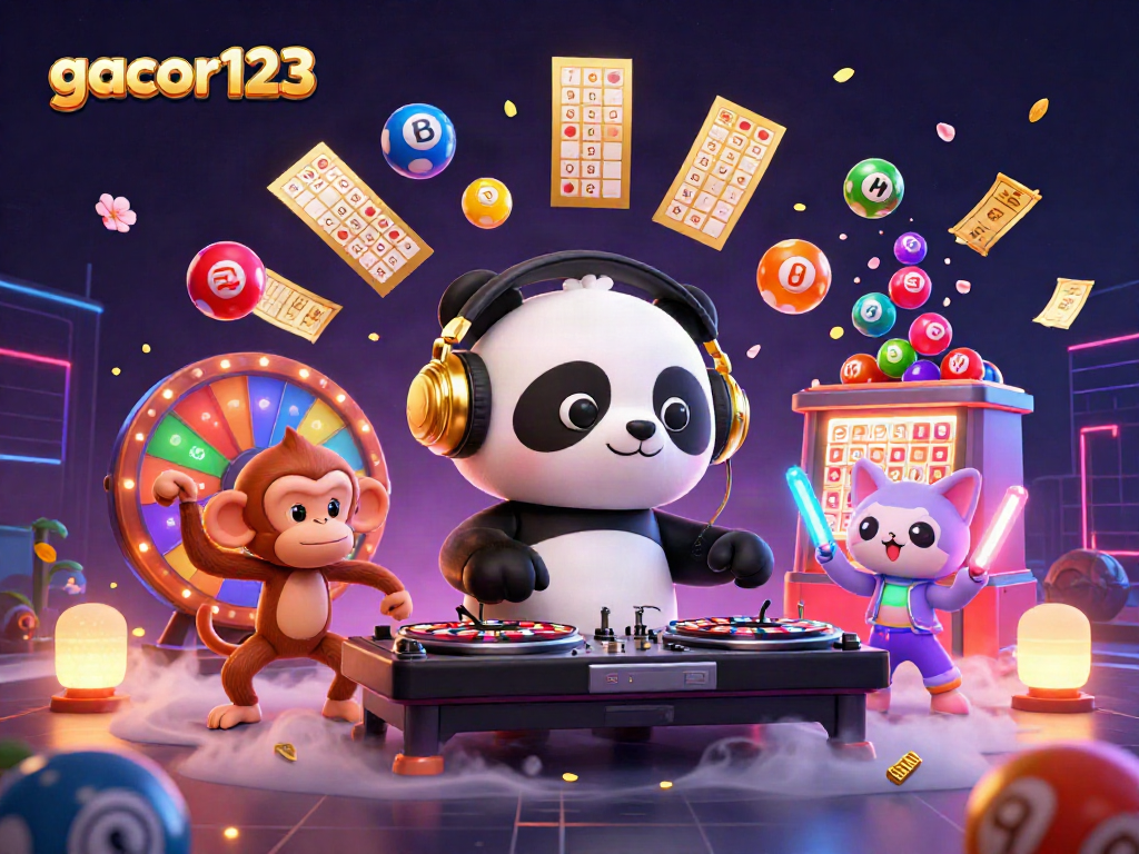 The DJ panda spins the roulette-themed turntables at gacor123, creating a lively casino atmosphere with vibrant characters.