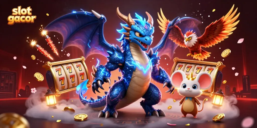 Engage in slot gacor excitement with vibrant casino characters featuring a thunder dragon and hawk in an electrifying scene.