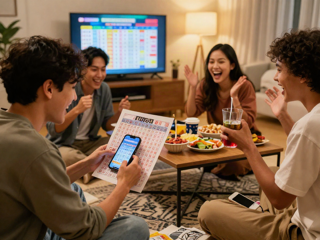 Permainan toto togel malam yang seru dengan teman-teman di ruang tamu, penuh tawa dan kebersamaan.