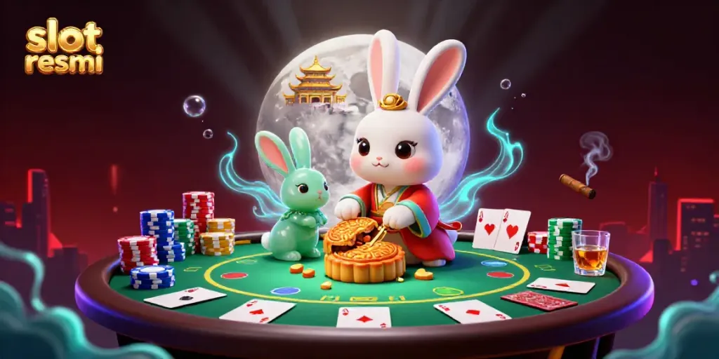 Experience a vibrant 3D casino scene featuring iconic slot resmi elements, poker chips, and lucky symbols.