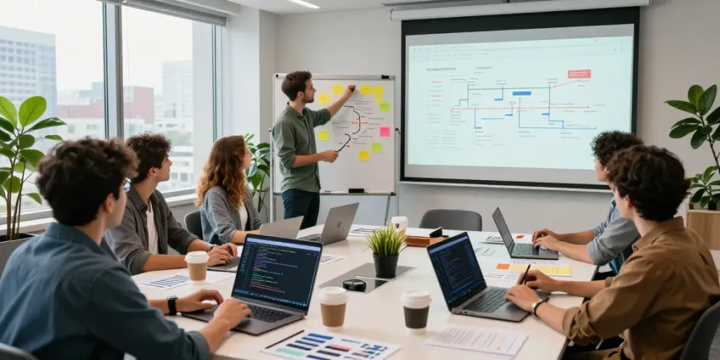 Team collaboration during an mvp development service strategy session in a modern workspace.