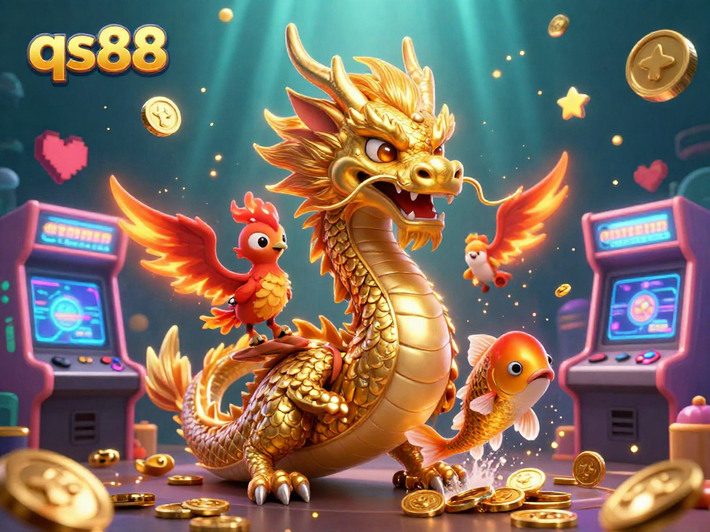 Experience the thrill of qs88 with a golden dragon, phoenix, and koi fish celebrating a jackpot.