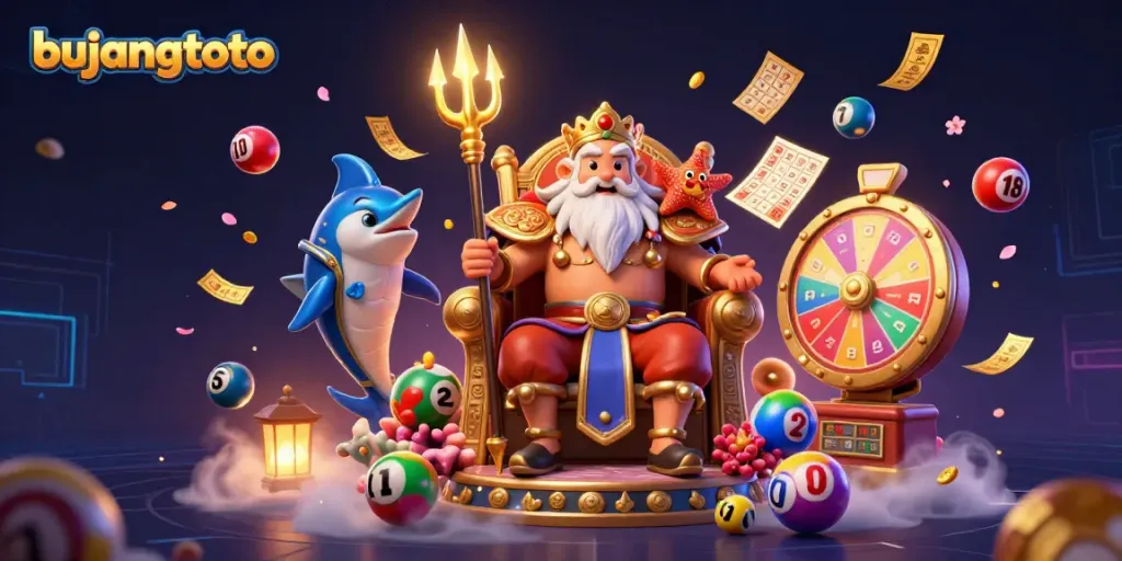 Join the adventure with bujangtoto in this vibrant depiction of lottery and casino elements.