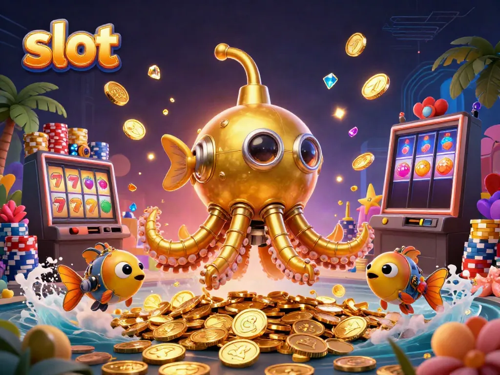 Engaging slot scene featuring cartoon kraken submarine amidst golden coins and colorful poker chips.