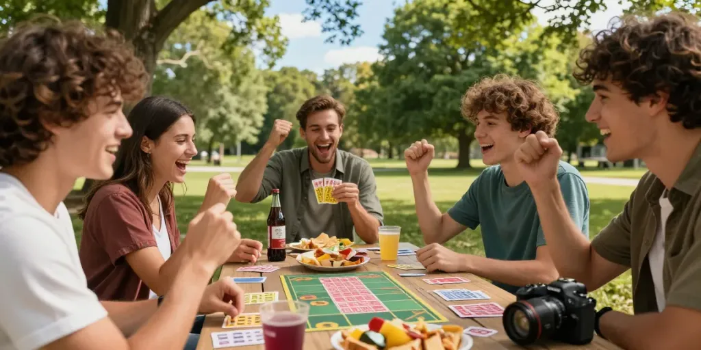 Teman bermain toto togel di meja piknik dengan suasana ceria.