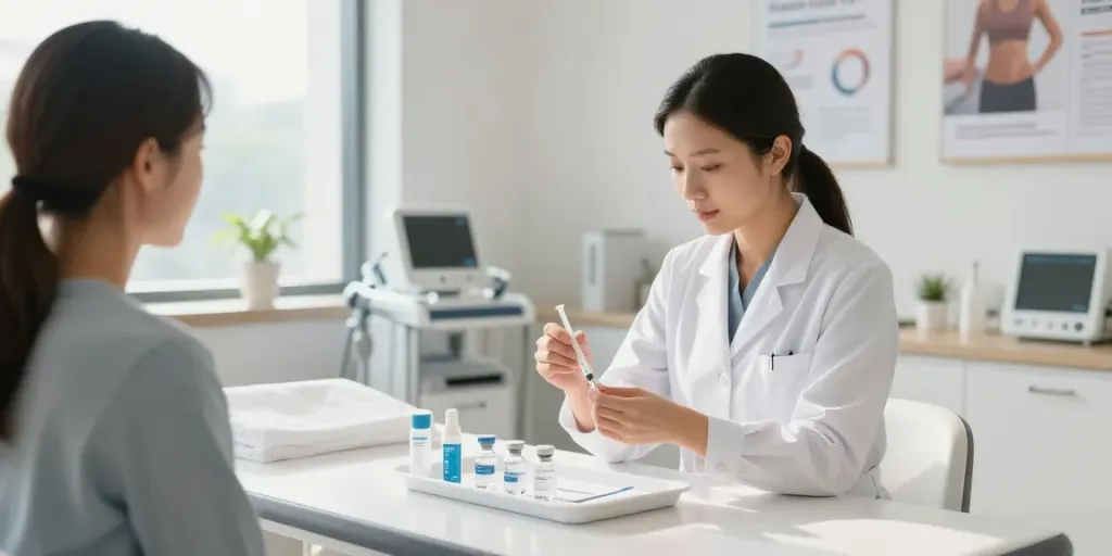 Lipo c peptide injection demonstration in a bright wellness clinic.
