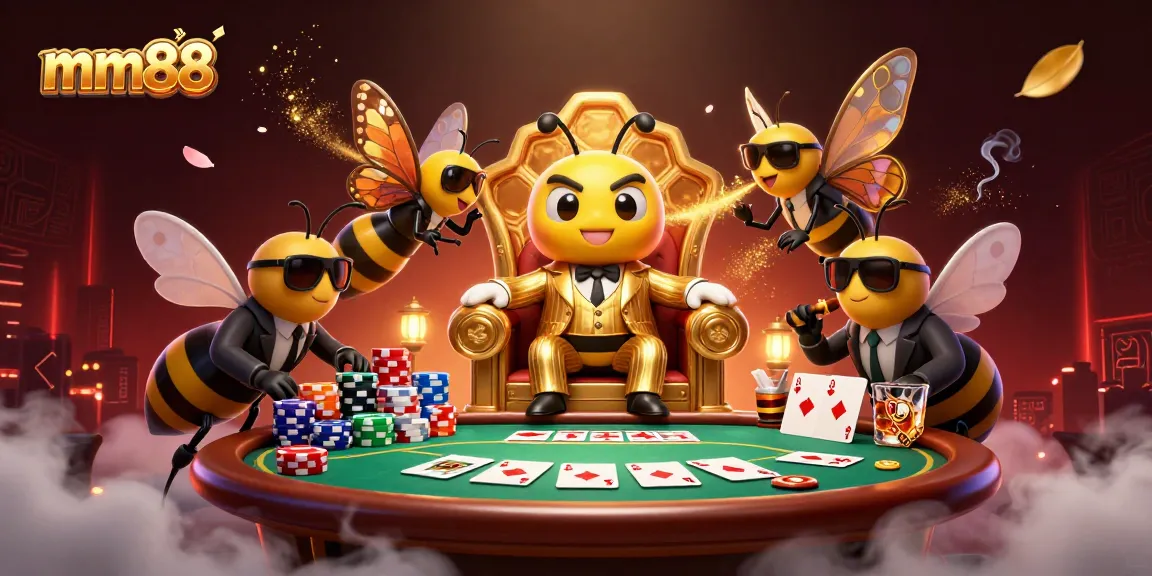 Engage in mm88 gaming with a bumblebee mob boss amid energetic poker action and casino elements.