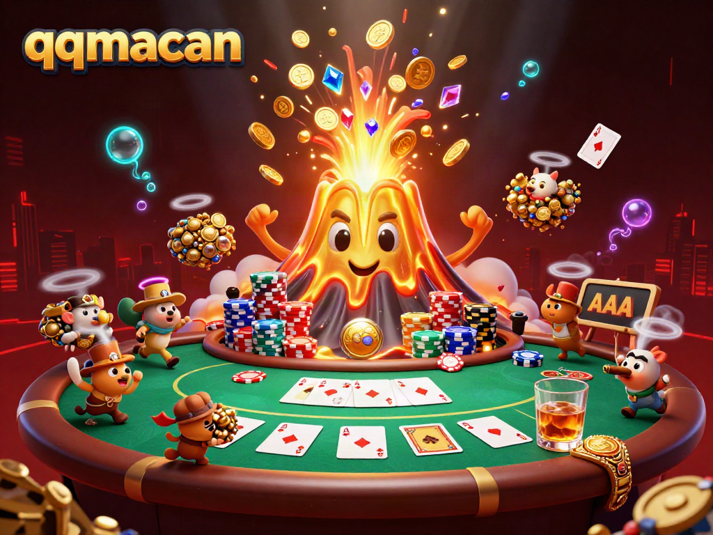 Experience thrilling wins with qqmacan's dynamic casino scene showcasing treasure and poker elements.