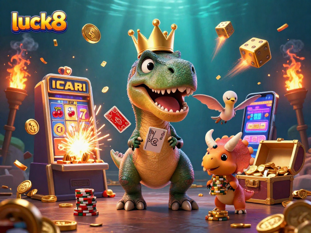 Engage luck8 players with a vibrant 3D scene of casino fun featuring a card-shuffling T-Rex and gold chips.