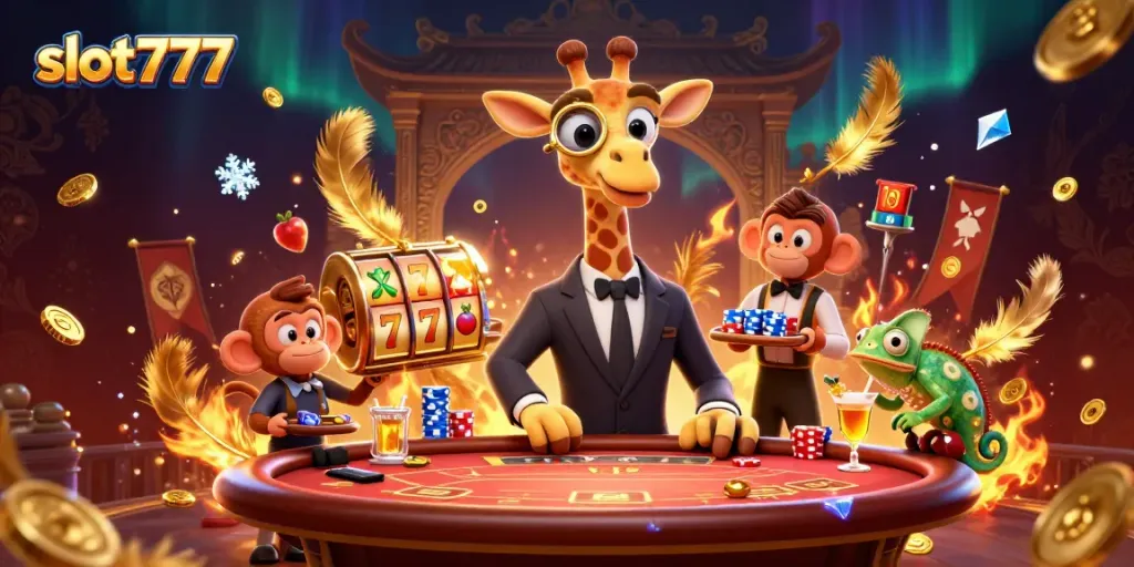 Engage with slot777-themed 3D cartoon scene featuring a high-roller giraffe, monkey valet, and chameleon bartender.