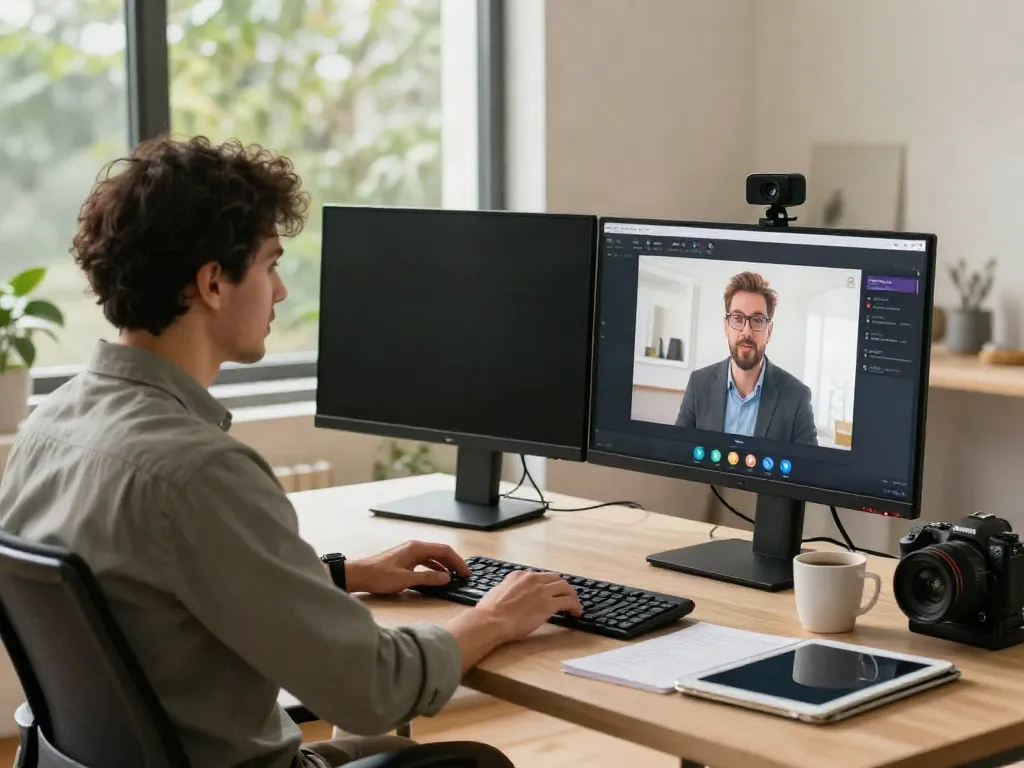 Deepfake protected Conferencing setup with modern home office, individual presenting on high-resolution screens.