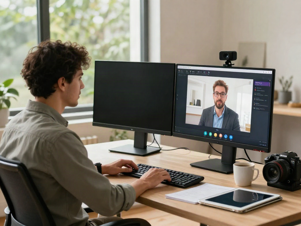 Deepfake protected Conferencing setup with modern home office, individual presenting on high-resolution screens.