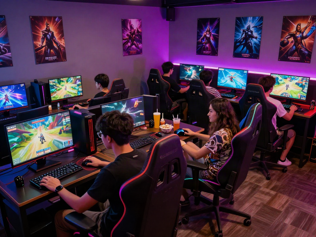 Engaged gamers playing porngames in a vibrant gaming lounge with interactive screens and snacks.