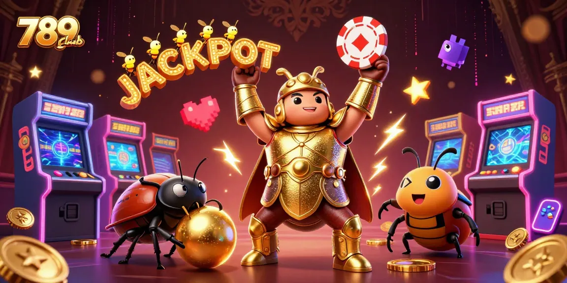 Join the excitement at 789club with a victorious beetle lifting a poker chip amidst vibrant casino elements.