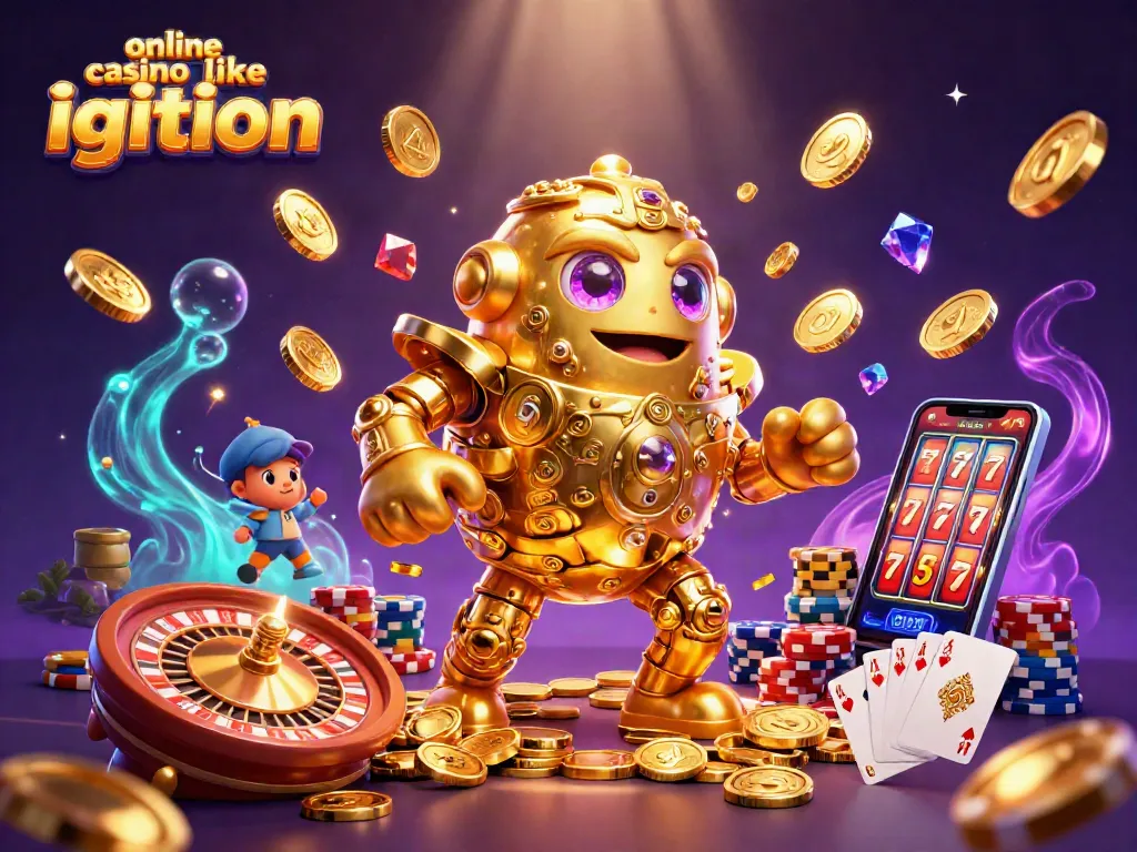 Engage with the vibrant world of online casino like Ignition featuring a golden golem and colorful game elements.