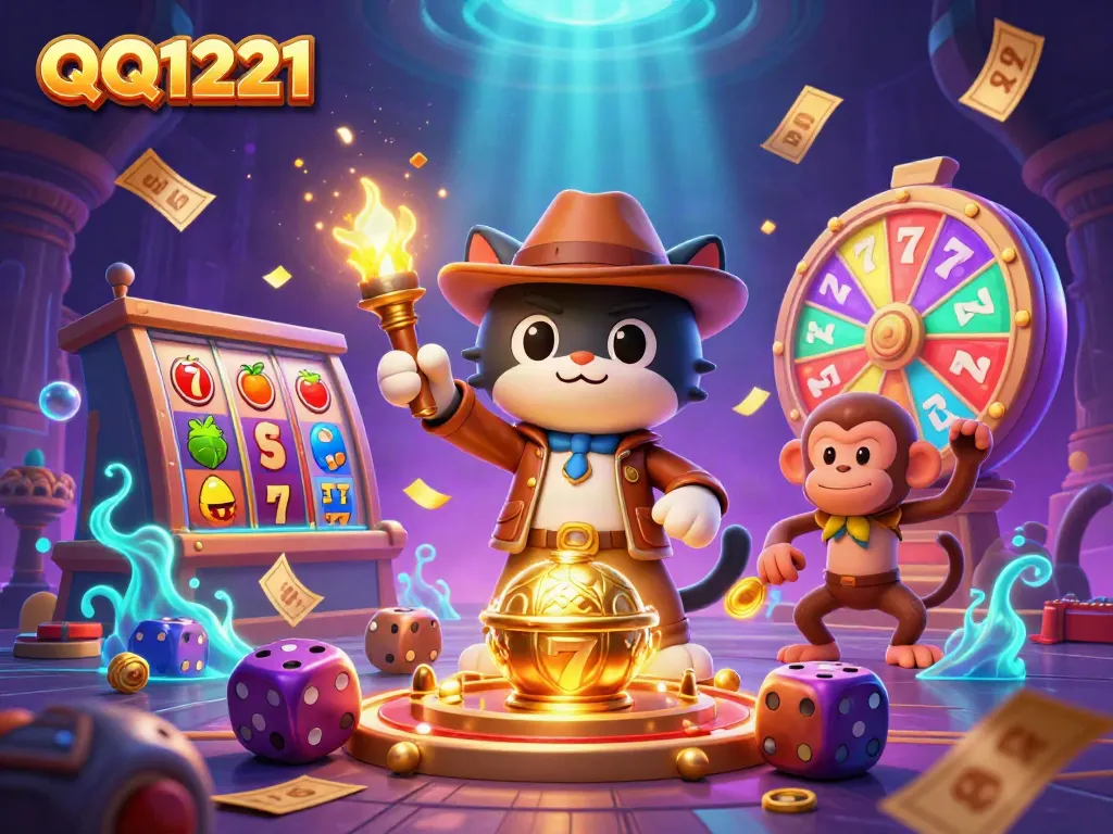Engage with QQ1221 as a cat explorer discovers golden casino artifacts amidst festive game elements.