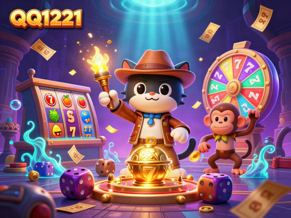 Engage with QQ1221 as a cat explorer discovers golden casino artifacts amidst festive game elements.