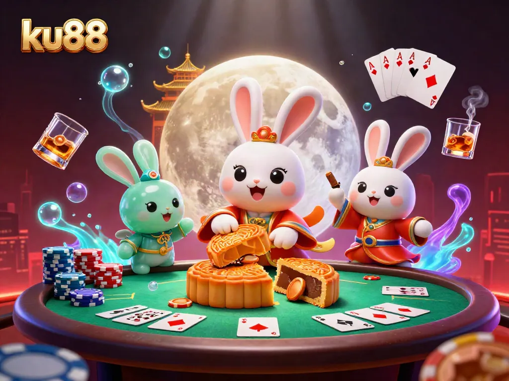 ku88's playful illustration featuring a moon rabbit cracking mooncakes for poker chips amidst vibrant casino elements.