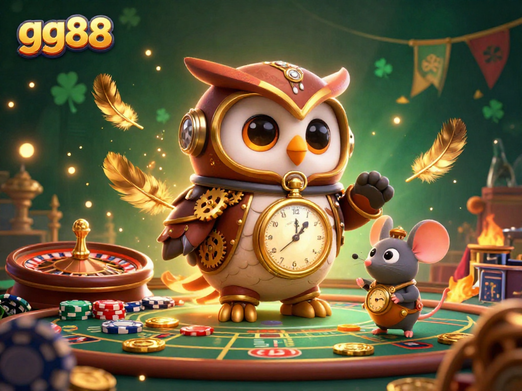 Experience thrilling gaming at gg88 with a steampunk owl and dynamic casino elements.