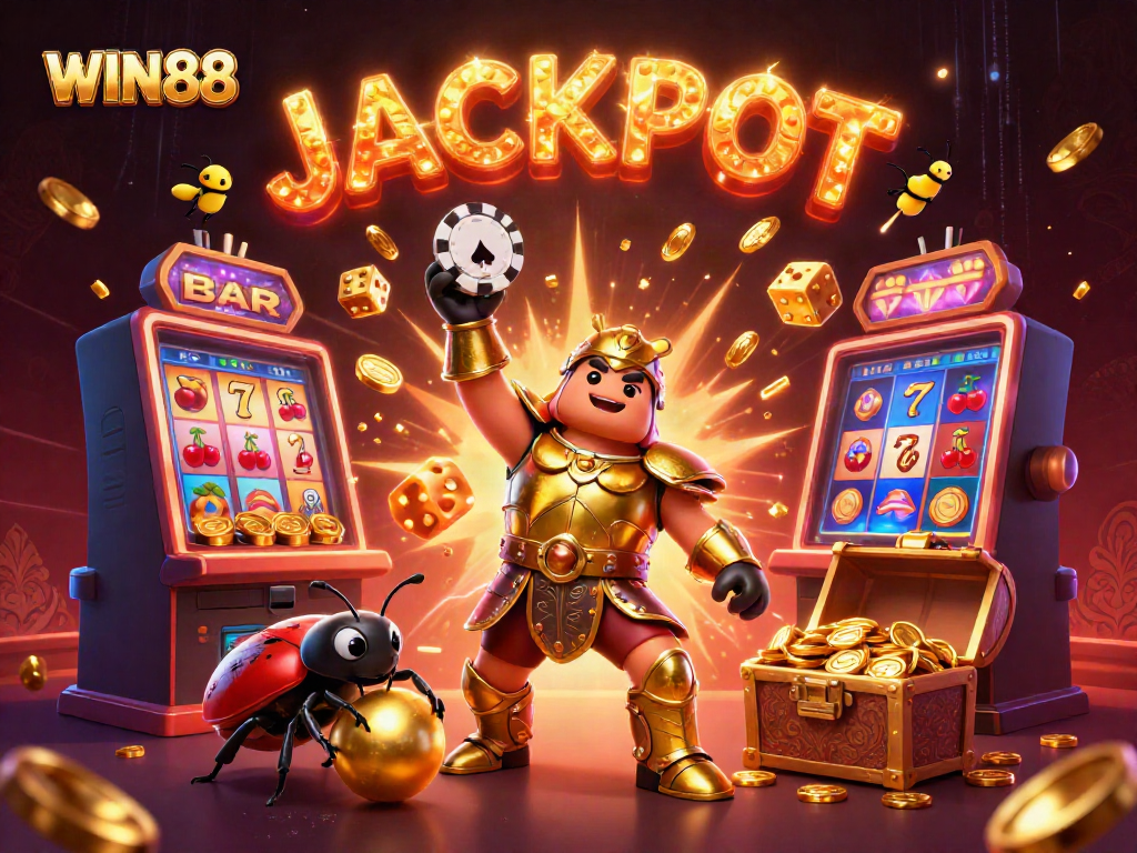 Spin to win with WIN88 in a dazzling casino scene, featuring a victorious beetle and thrilling symbols!