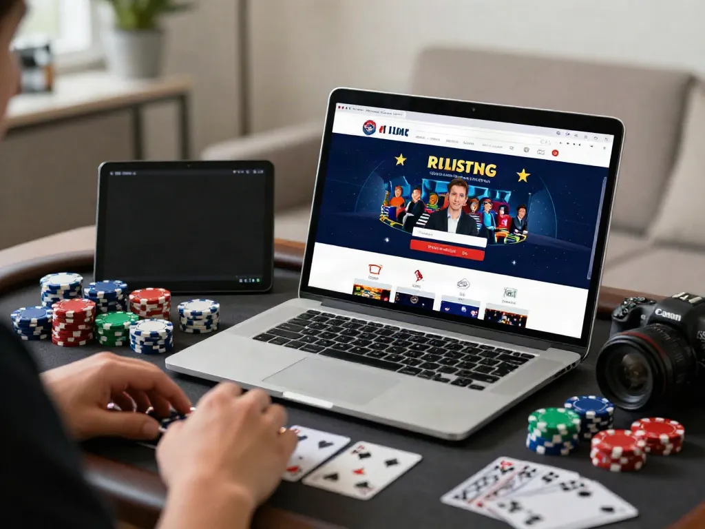 User accessing hargatoto login on a laptop with casino elements in an engaging online gaming setup.