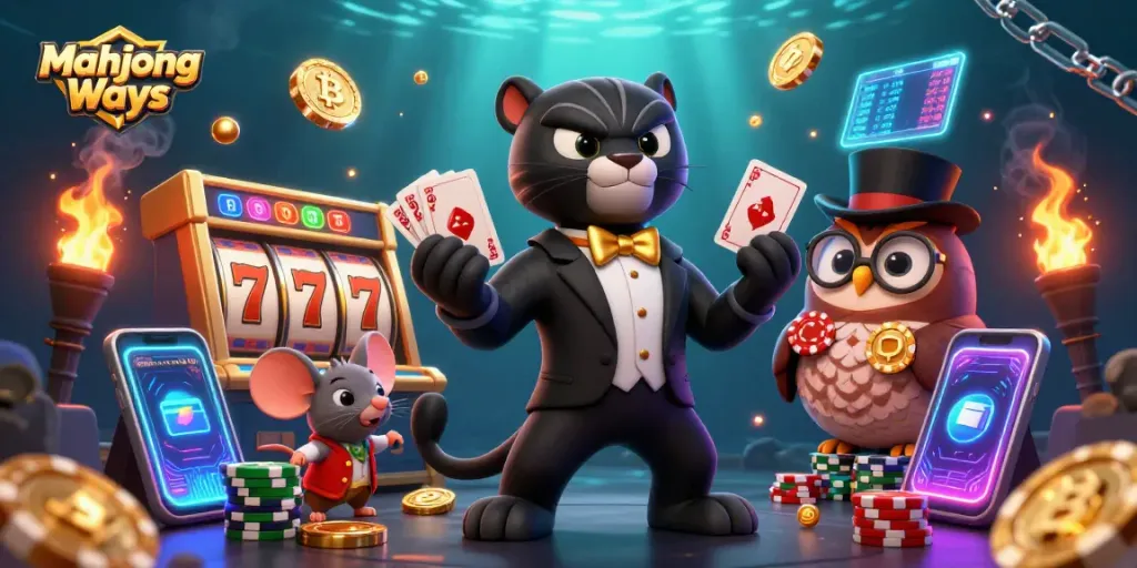 Experience thrilling action with Mahjong Ways slot, featuring a cartoon panther, owl, and mouse in a vibrant casino scene.