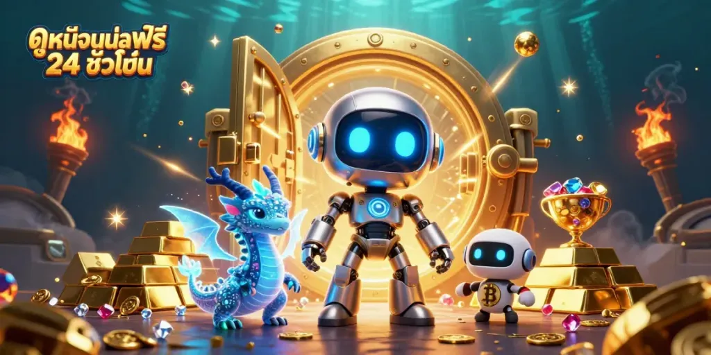 Engaging scene embodying the thrill of gambling with characters and shiny treasures, featuring ดูหนังออนไลน์ฟรี 24 ชั่วโมง.