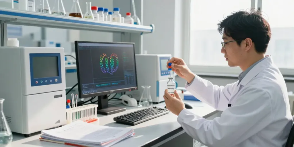 Cag peptide being measured in a laboratory setting with scientific equipment and research journals.