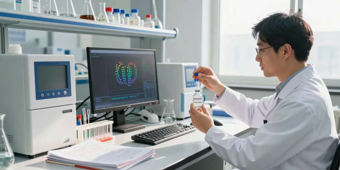 Cag peptide being measured in a laboratory setting with scientific equipment and research journals.