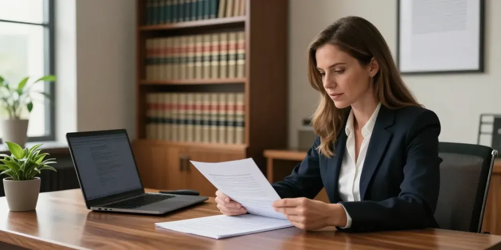 Karen McCleave attorney reviewing legal documents in her professional office