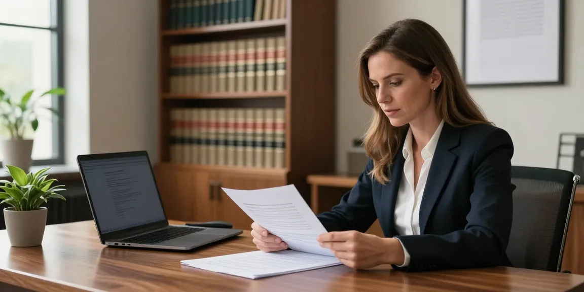 Karen McCleave attorney reviewing legal documents in her professional office