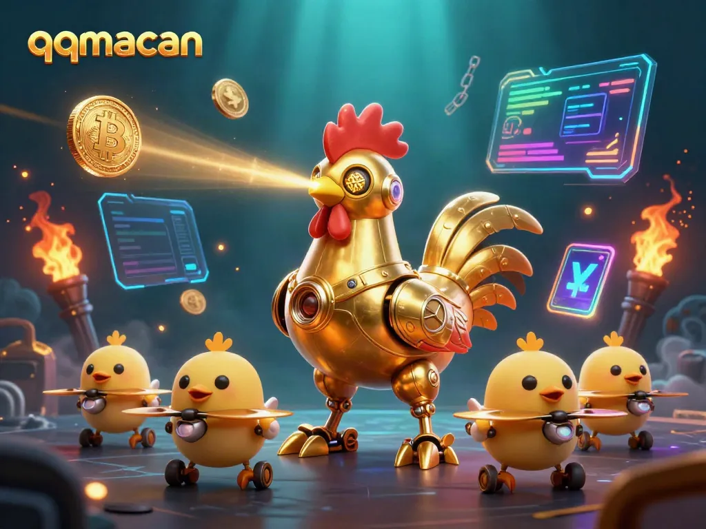 Experience thrilling gameplay with the qqmacan golden rooster robot amidst vibrant crypto elements.