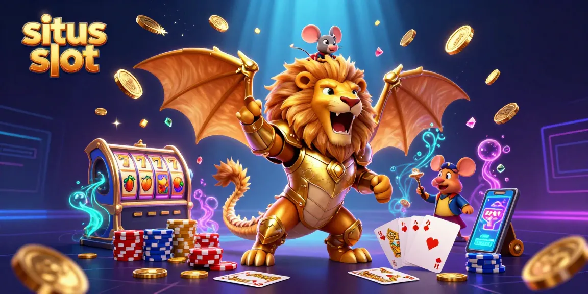 Menang dengan situs slot: ilustrasi kasino digital dengan slot dan karakter ceria.