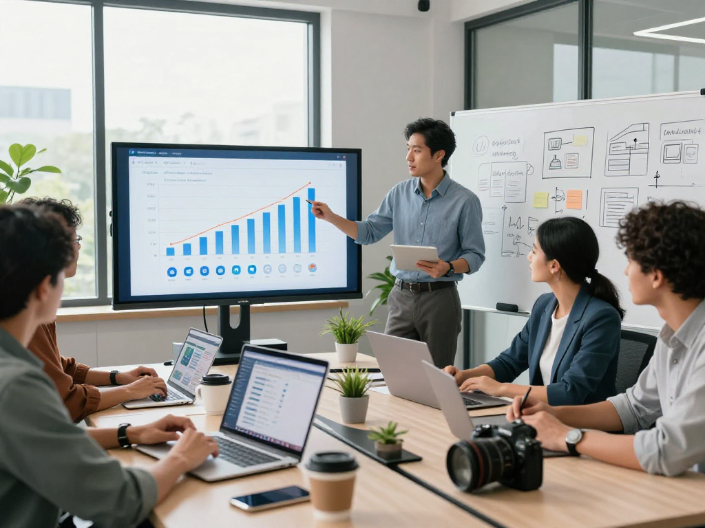 Buy app downloads strategy meeting with professionals analyzing metrics and growth in a vibrant office.