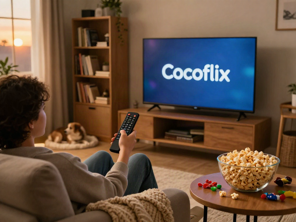 Cocoflix streaming experience in a cozy home setting with a person on a sofa, snacks, and warm lighting.