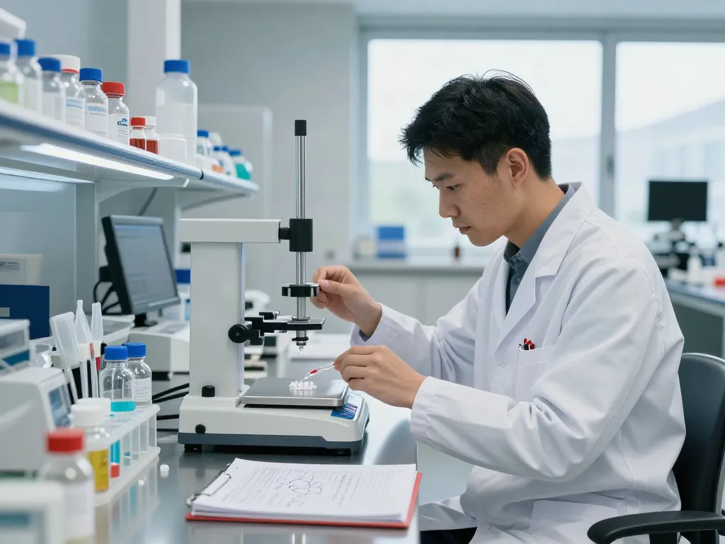 Swiss Chems lab scene with scientist measuring peptides in a modern research environment.