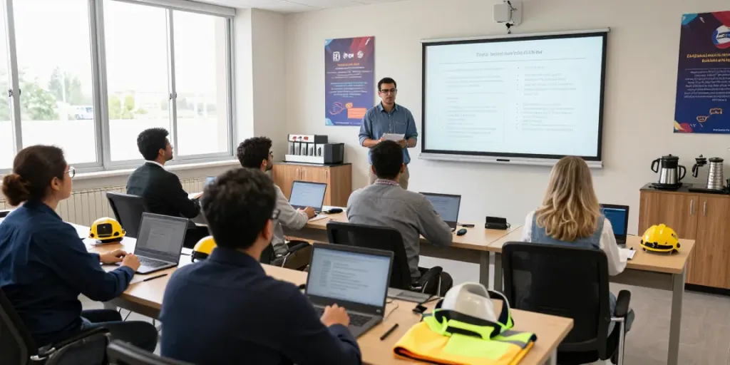 Training Institute Saudi Arabia with diverse professionals engaged in HSE training in a modern classroom.