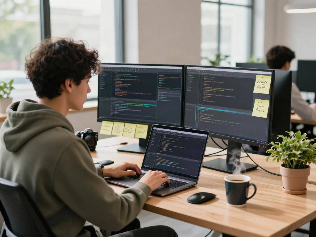 Dynamic workspace scene featuring a developer coding, focused on pikashow apk download in a bright tech environment.