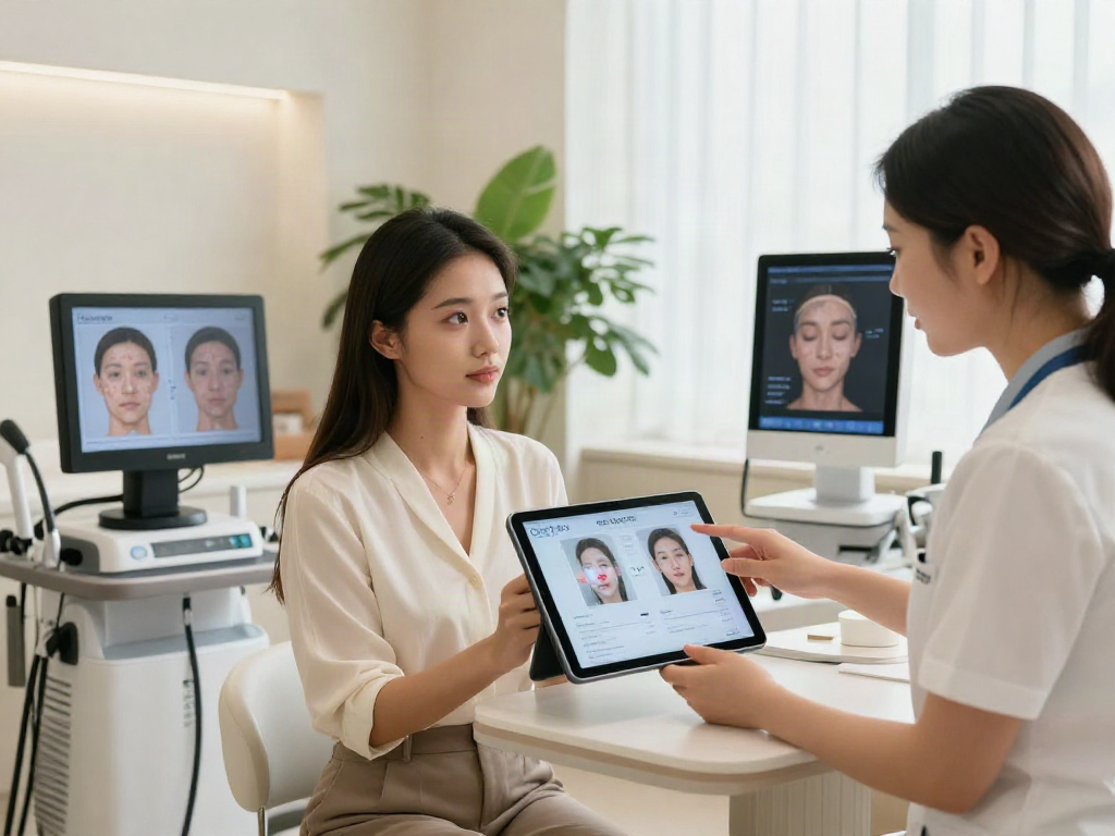 ClinicEvo vs QOVES facial analysis scene showcasing advanced technology in a beauty clinic.