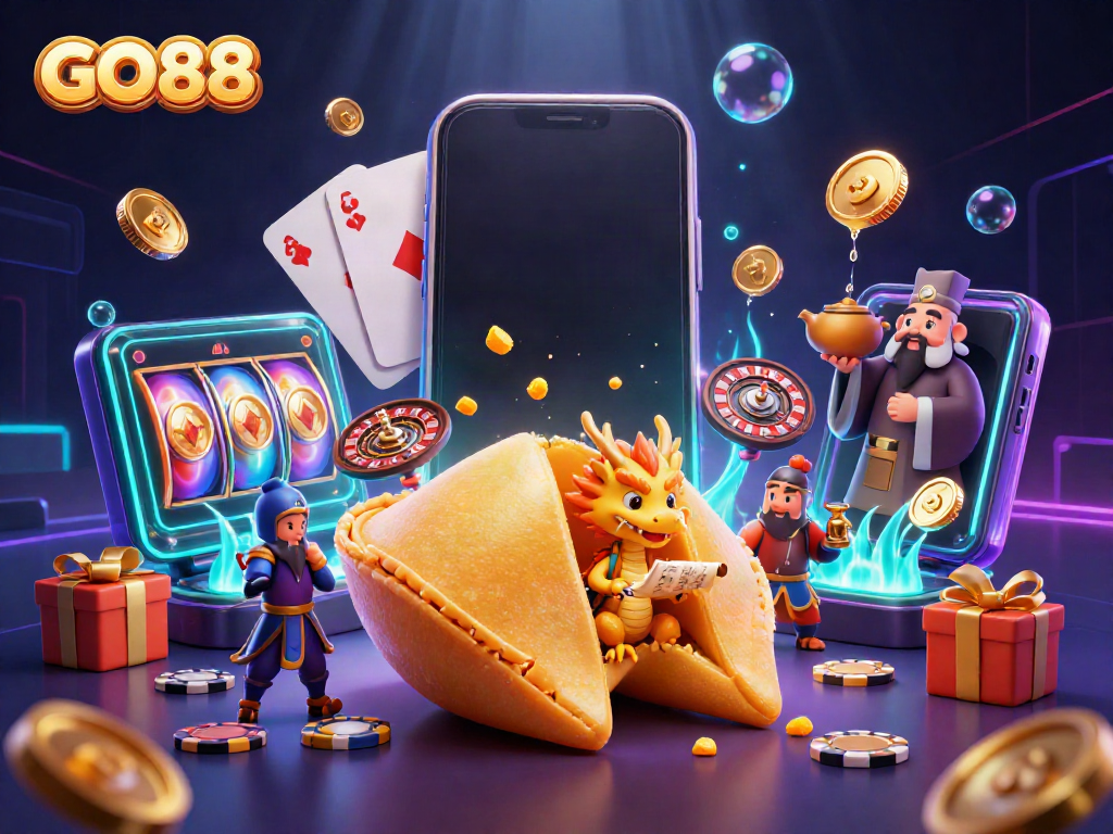 Interacting characters promoting the GO88 online casino experience with fortune cookie, dragon, and game elements.